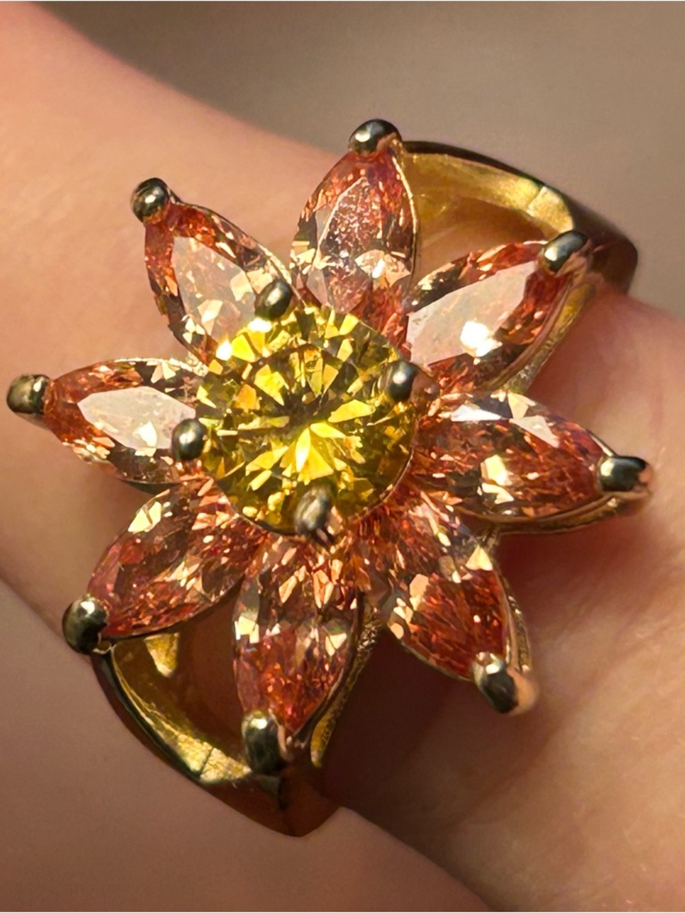 Gold-Tone Floral Ring with Yellow and Peach Crystal Petals